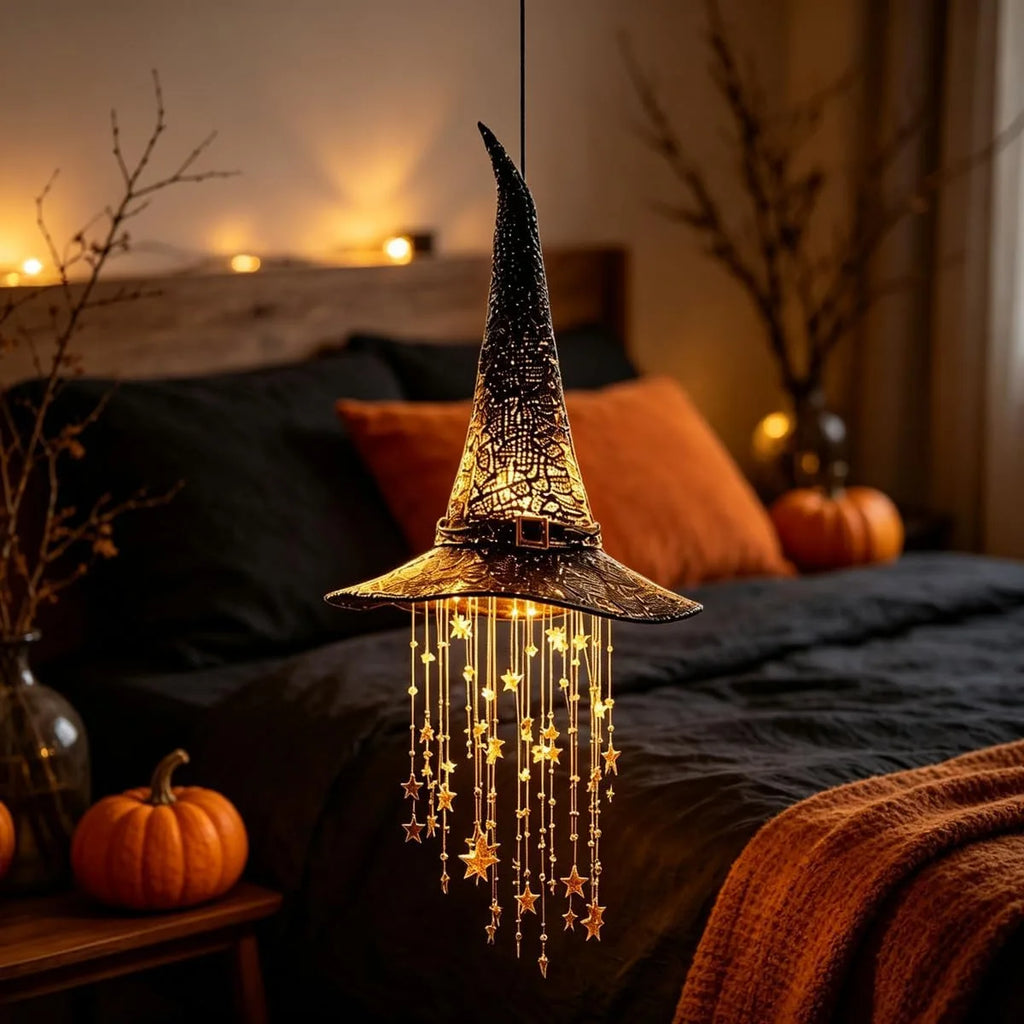 Halloween Light-Up Witch Hat Hanging Decoration with Stars
