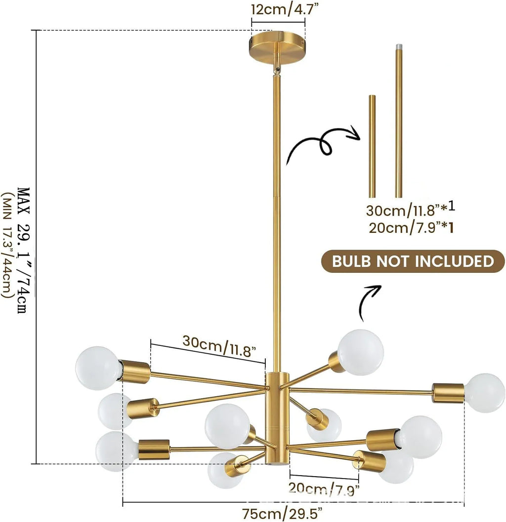 Modern E27 Chandelier – 6, 8, 10 or 12 Heads | Gold, Chrome & Black