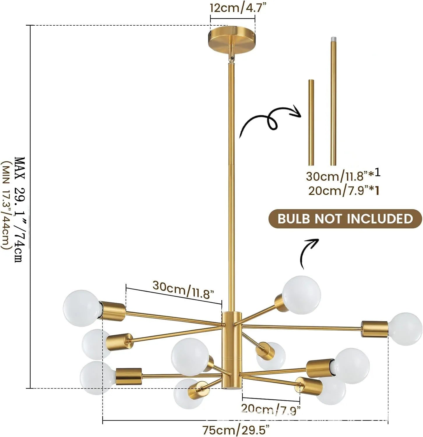 Modern E27 Chandelier – 6, 8, 10 or 12 Heads | Gold, Chrome & Black