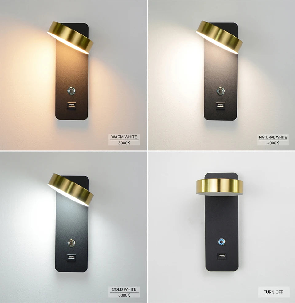 Smart Touch LED Wall Light — 3-Color Dimmable with USB Port