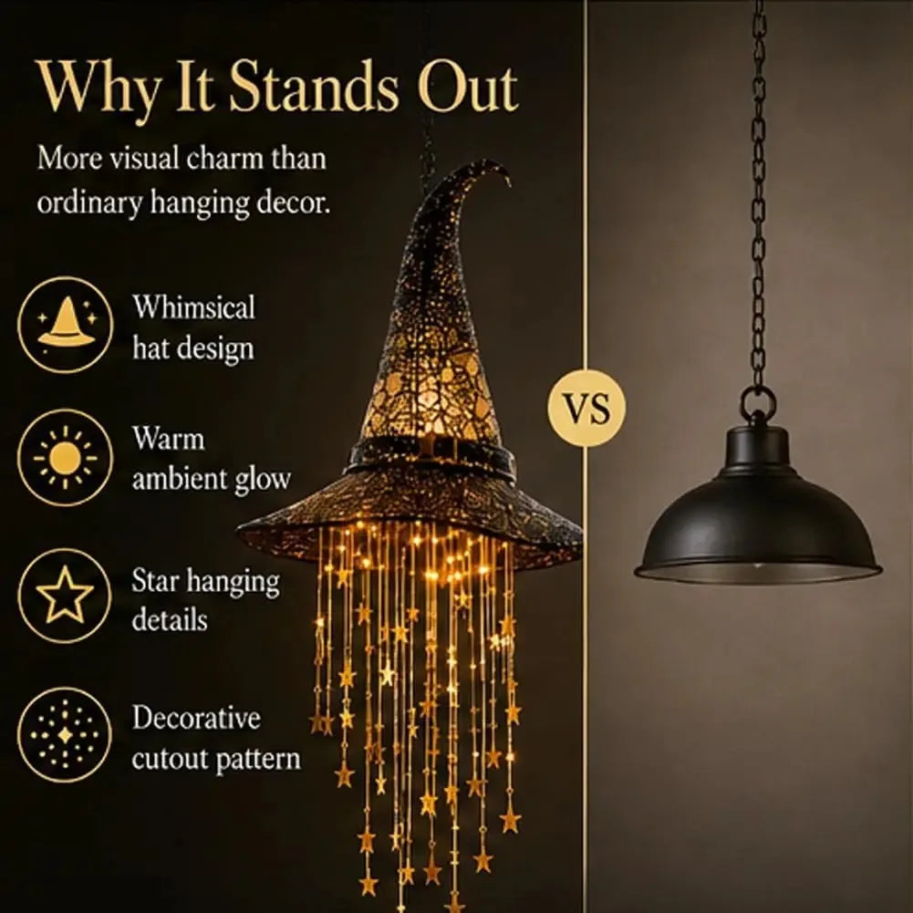 Halloween Light-Up Witch Hat Hanging Decoration with Stars