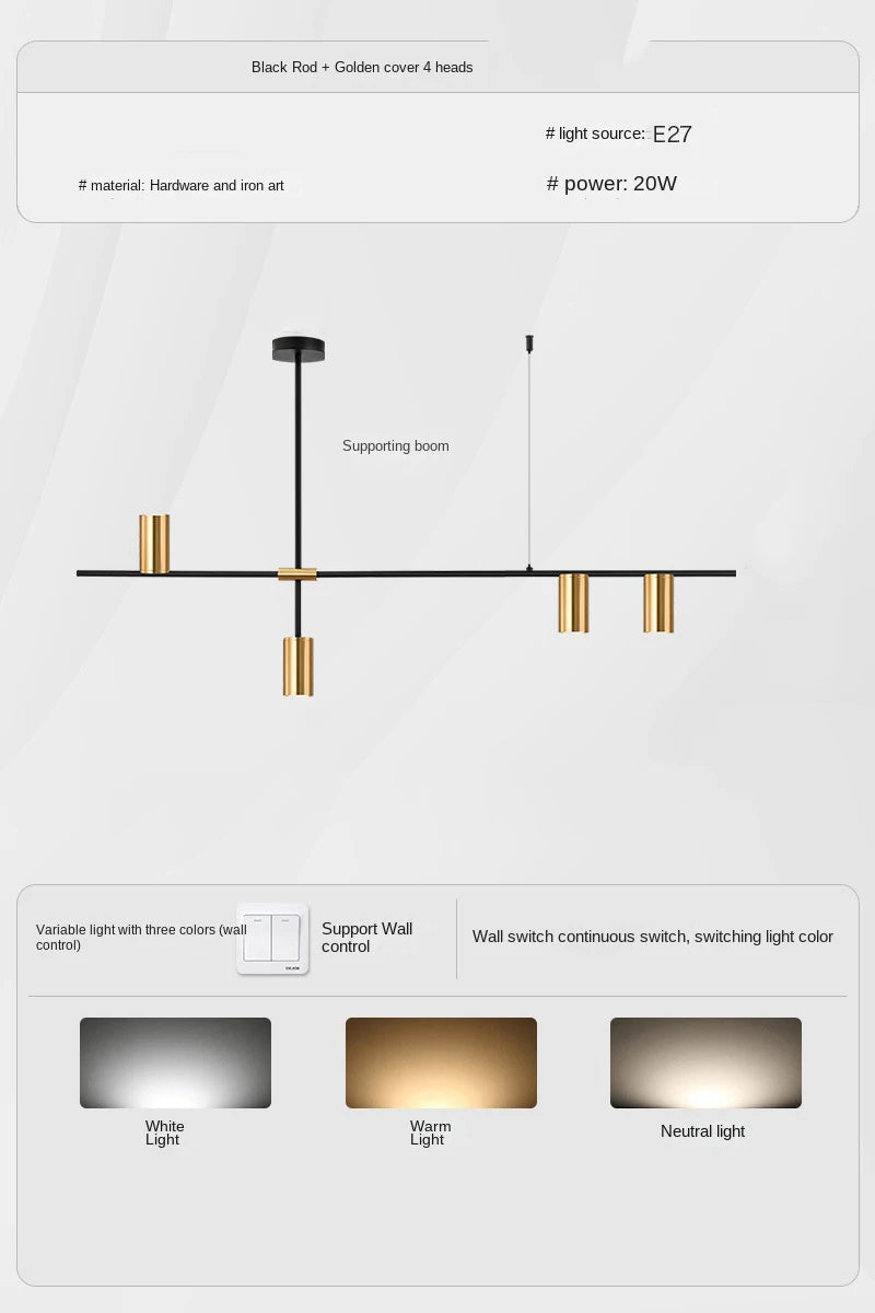 Modern Long Chandelier Pendant Light – Black Gold LED Ceiling Lamp