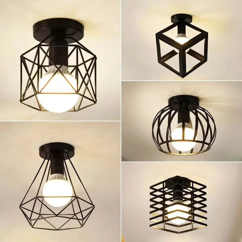Vintage Industrial E27 Ceiling Lamp — Black Metal Cage | AlohaHome