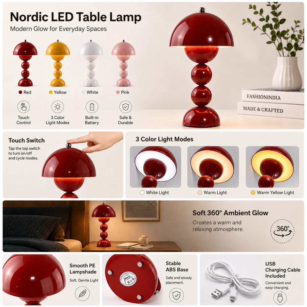 Nordic Touch LED Table Lamp — 3-Color Stepless Dimming, Battery Powered