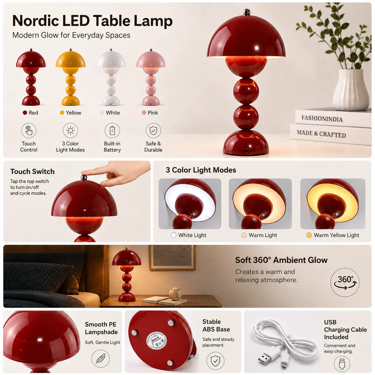 Nordic Touch LED Table Lamp — 3-Color Stepless Dimming, Battery Powered