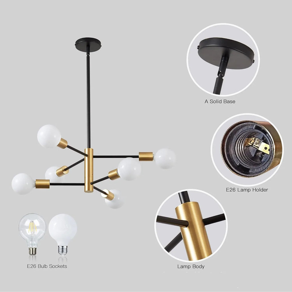 Modern E27 Chandelier – 6, 8, 10 or 12 Heads | Gold, Chrome & Black