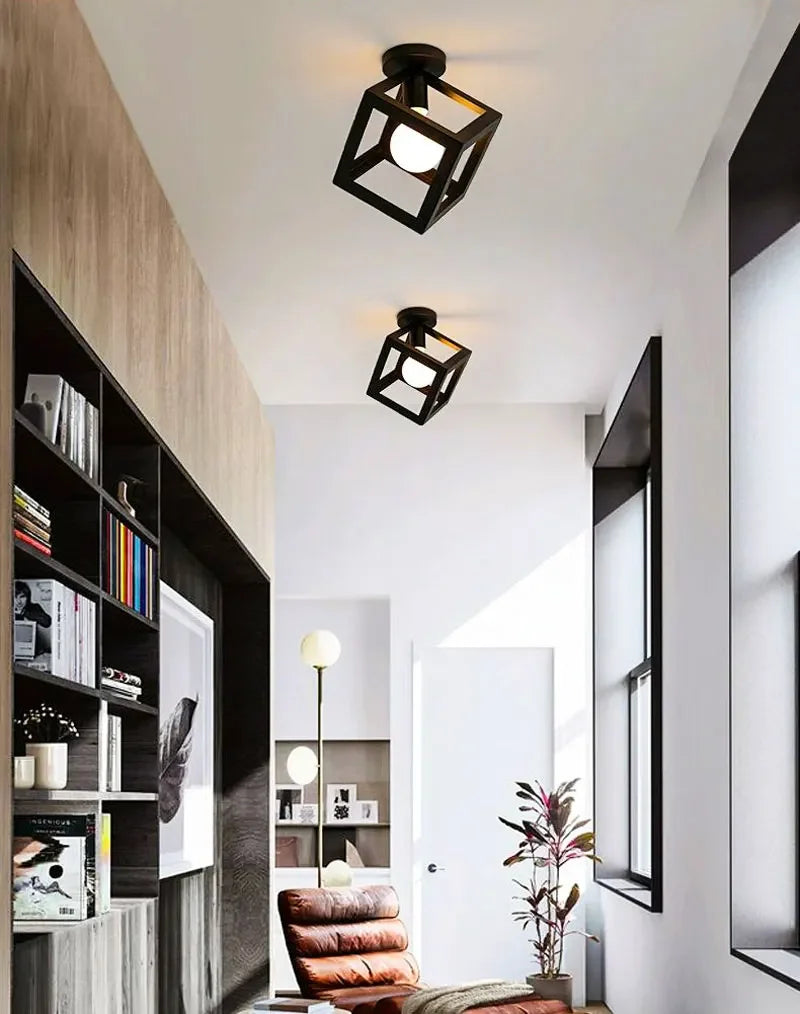Vintage Industrial E27 Ceiling Lamp — Black Metal Cage | AlohaHome