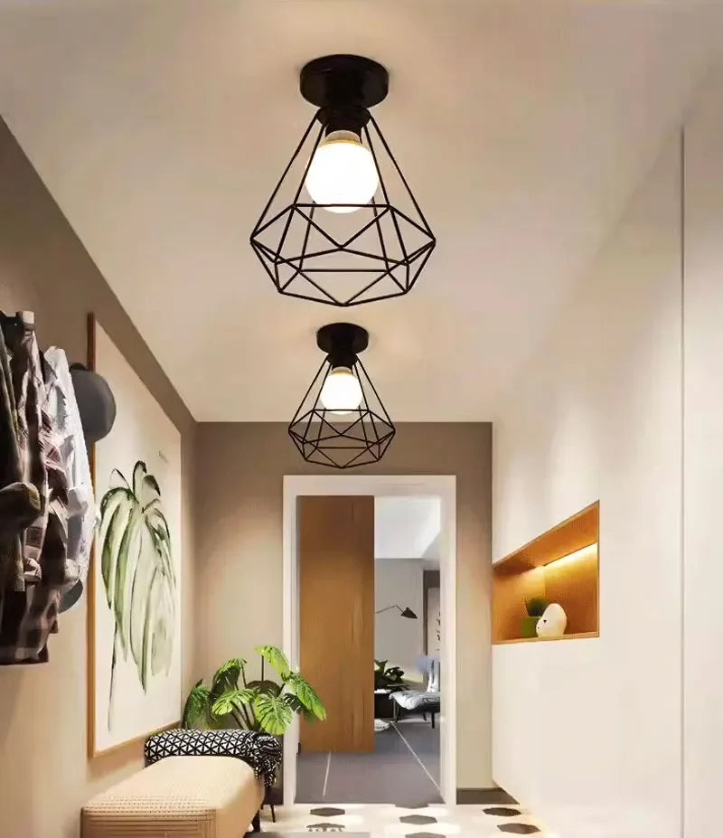 Vintage Industrial E27 Ceiling Lamp — Black Metal Cage | AlohaHome