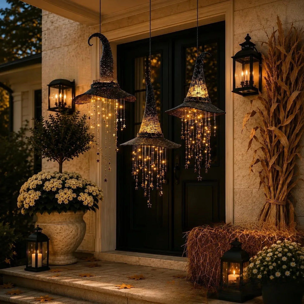 Halloween Light-Up Witch Hat Hanging Decoration with Stars
