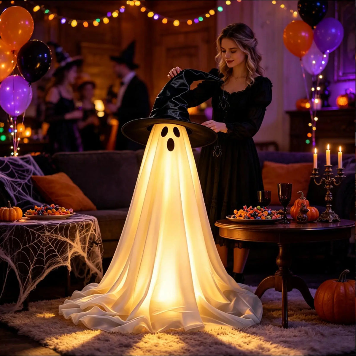 Halloween Light-Up Ghost with Witch Hat – 145 cm