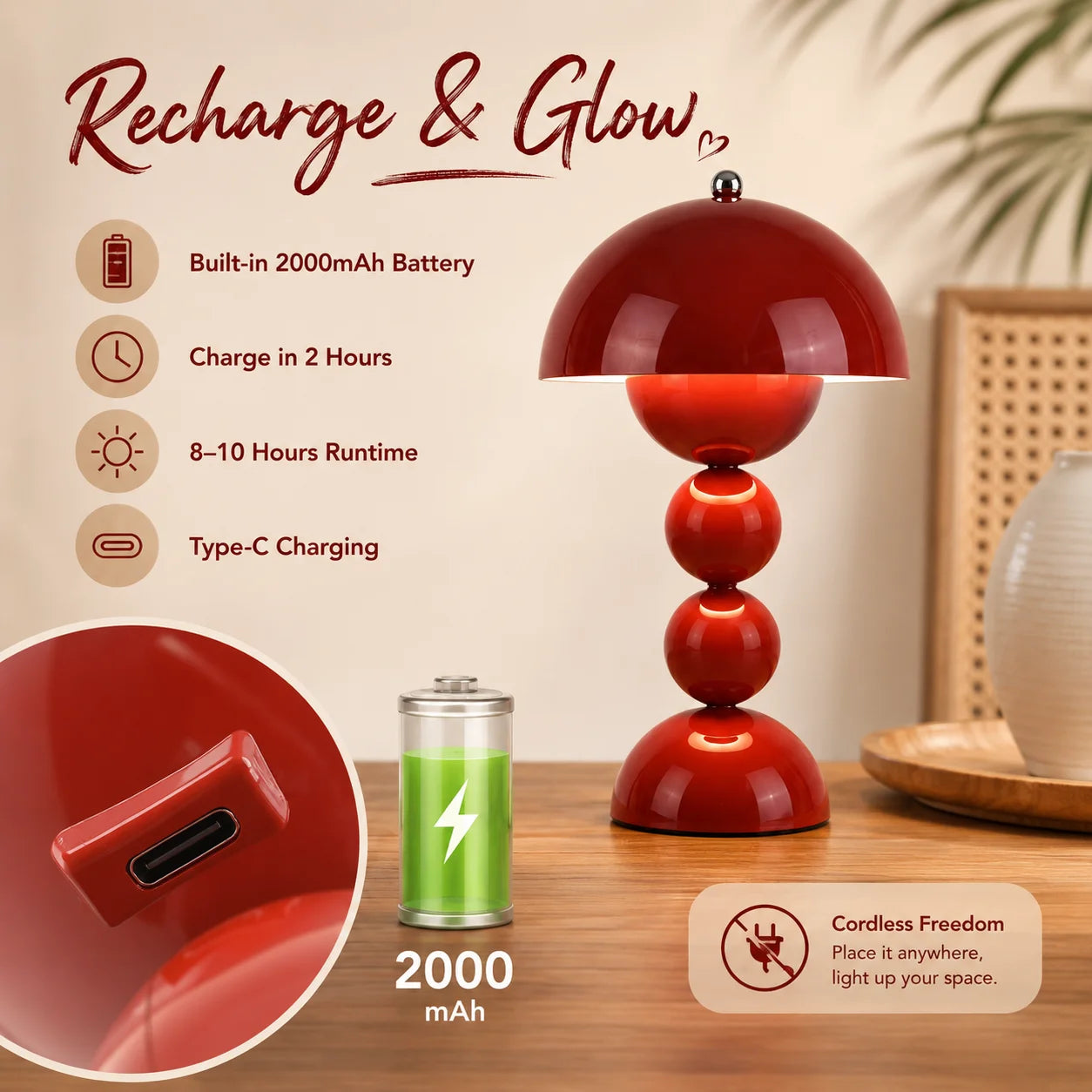 Nordic Touch LED Tischlampe — 3-Farben Stufenloses Dimmen, Akkubetrieben