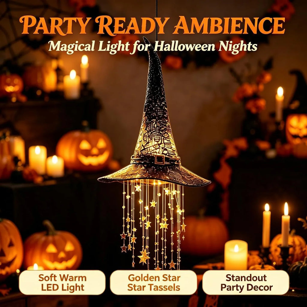 Halloween Light-Up Witch Hat Hanging Decoration with Stars