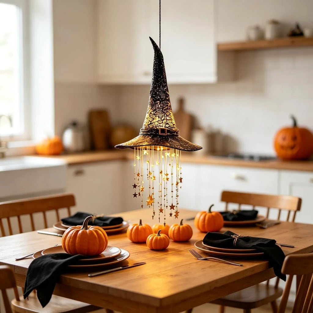 Halloween Light-Up Witch Hat Hanging Decoration with Stars