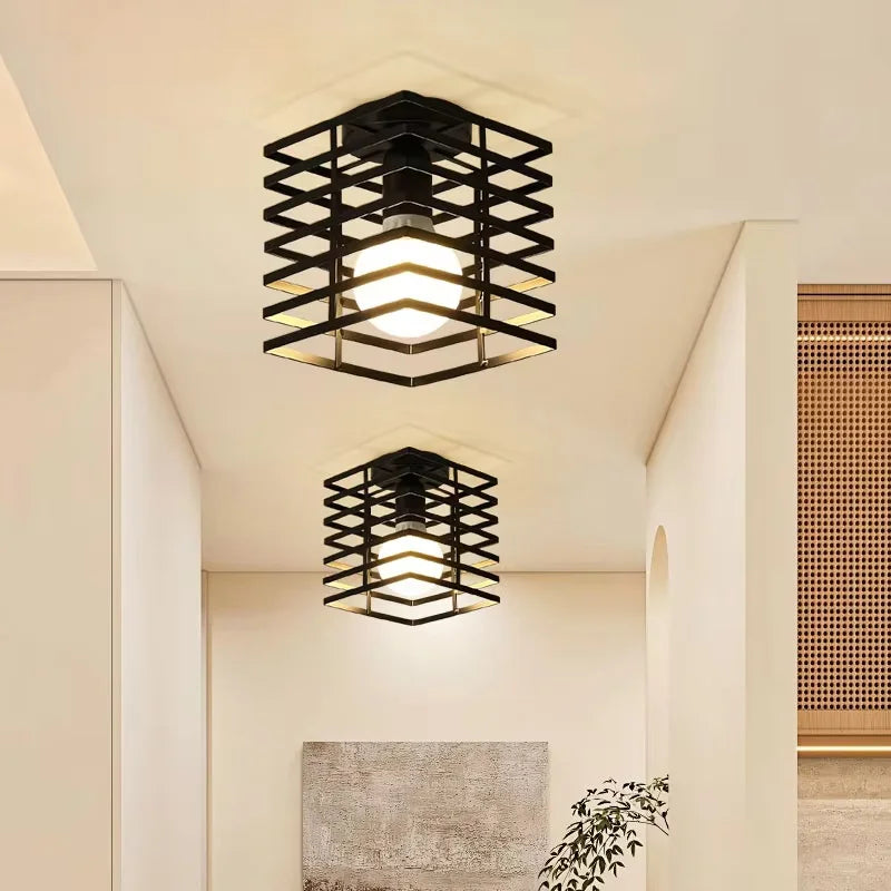 Vintage Industrial E27 Ceiling Lamp — Black Metal Cage | AlohaHome