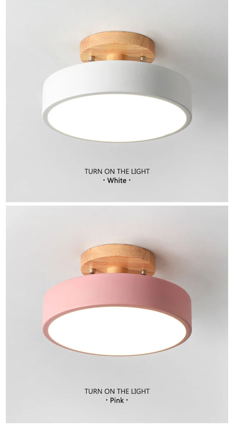 Nordic Macaron LED Ceiling Light – Round Wood & Acrylic, 4 Colors
