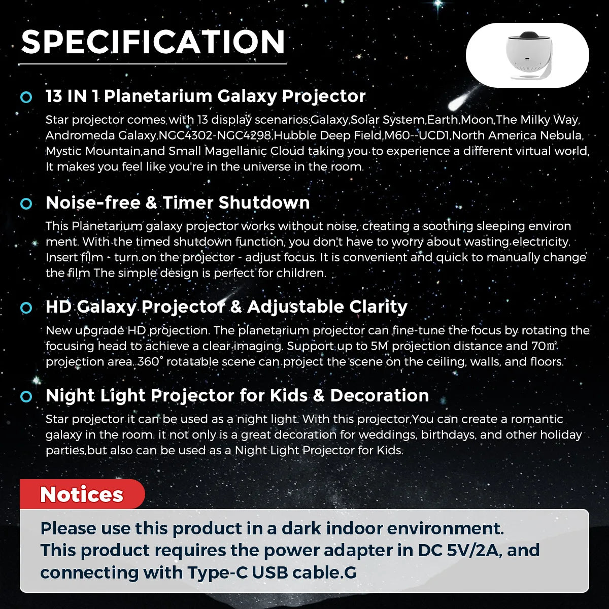 13-in-1 Planetarium Galaxy Projector – HD, 360°, 70m² Coverage, USB