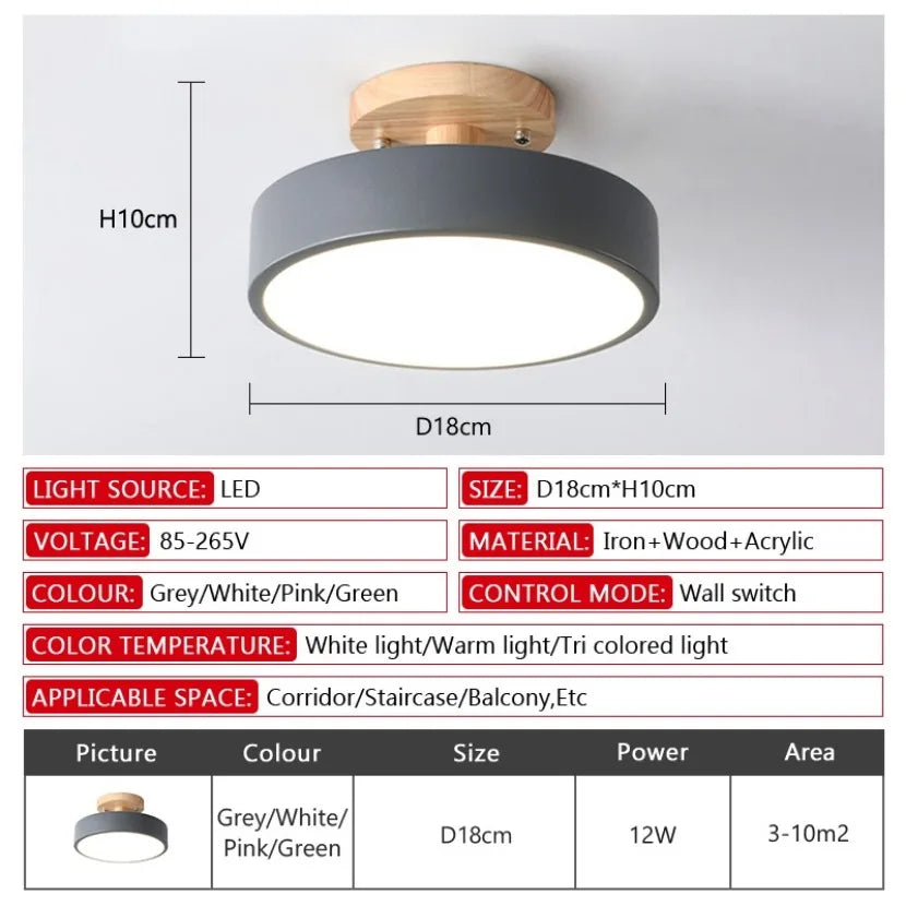 Nordic Macaron LED Ceiling Light – Round Wood & Acrylic, 4 Colors