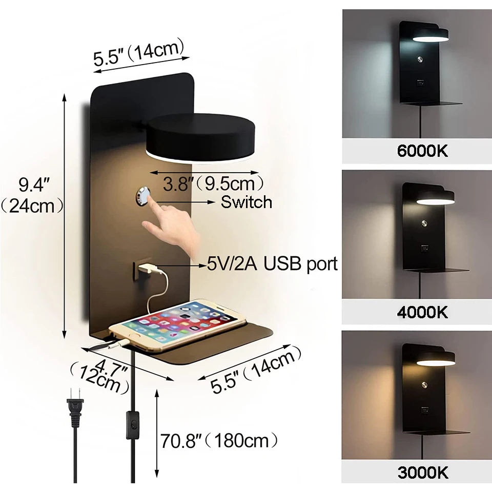 Modern LED Wall Lamp with Switch – Adjustable, 3 Color Modes