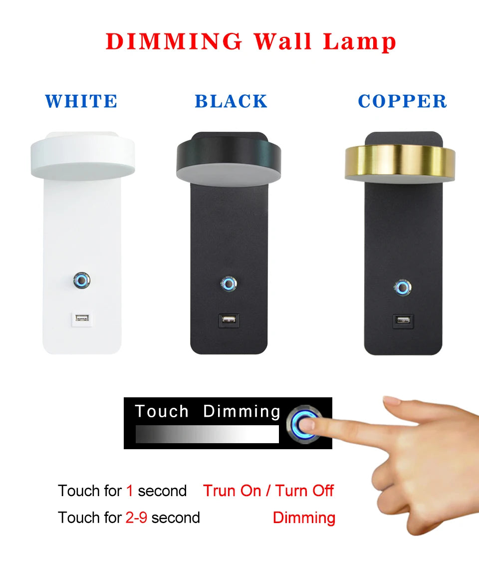 Smart Touch LED Wall Light — 3-Color Dimmable with USB Port