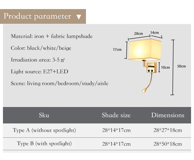 Nordic Fabric Wall Lamp – E27 LED Reading Light with Switch