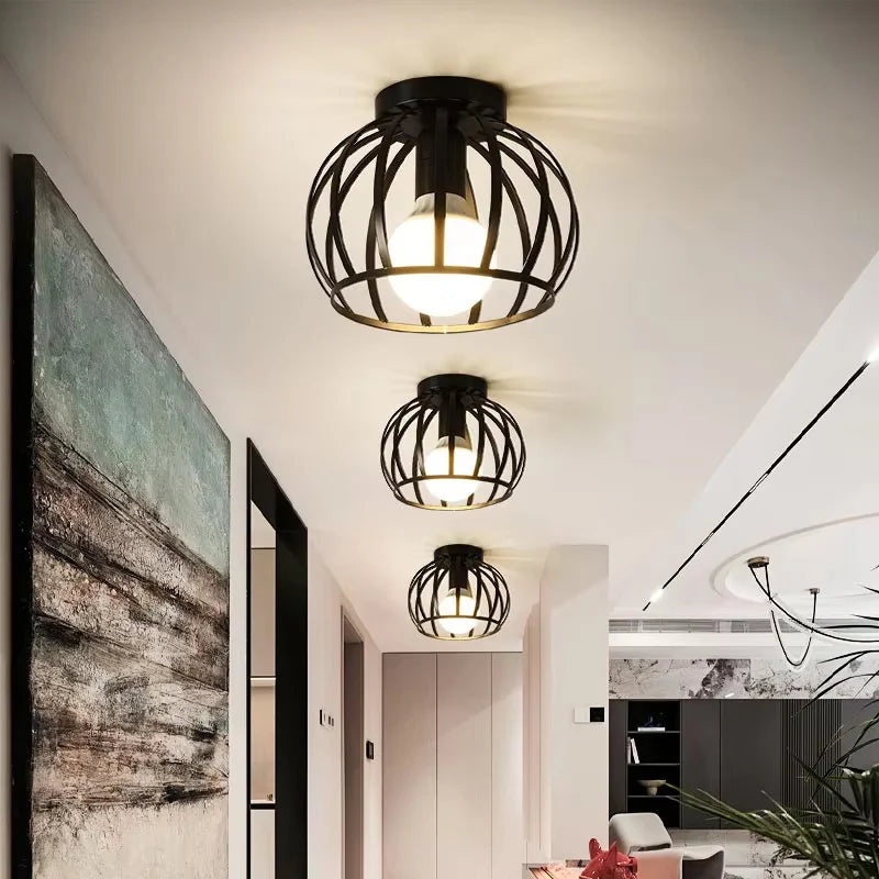 Vintage Industrial E27 Ceiling Lamp — Black Metal Cage | AlohaHome