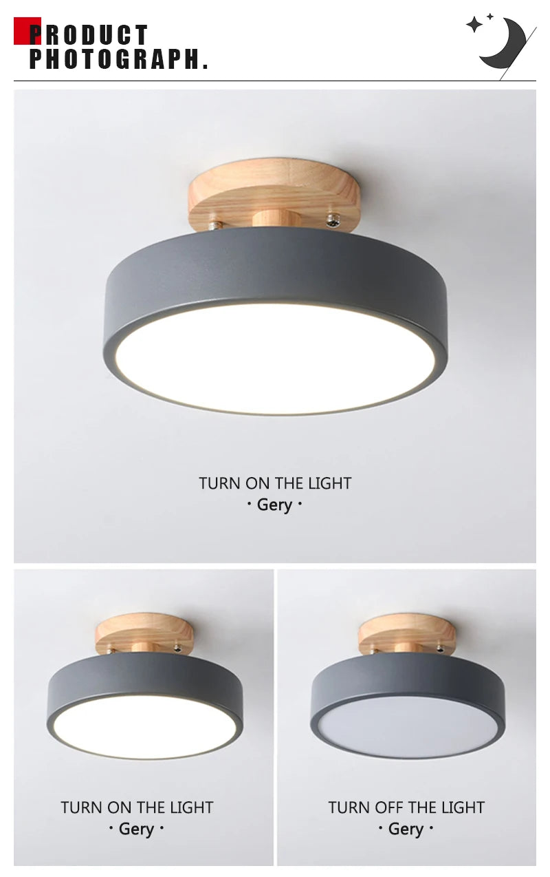 Nordic Macaron LED Ceiling Light – Round Wood & Acrylic, 4 Colors