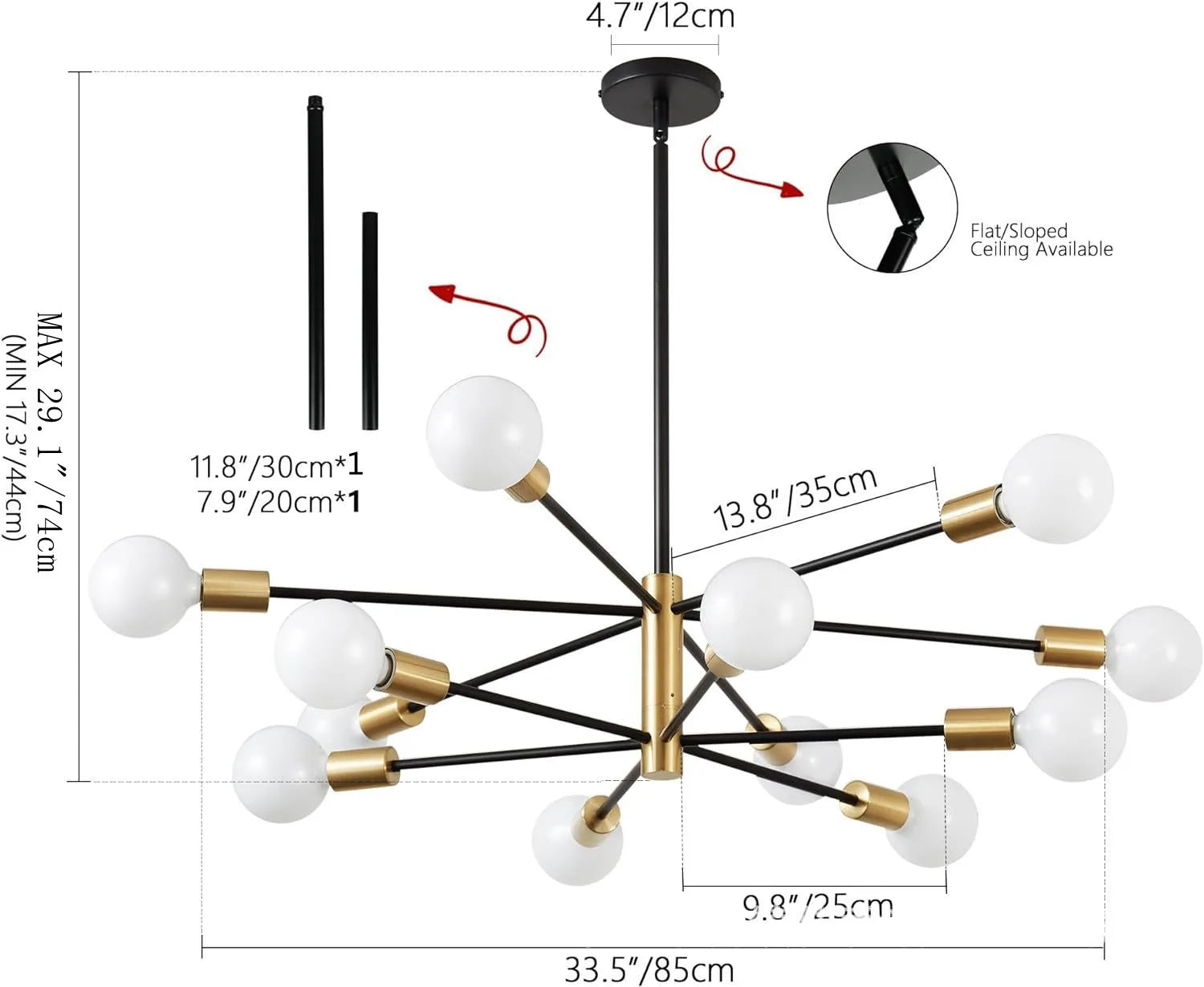 Modern E27 Chandelier – 6, 8, 10 or 12 Heads | Gold, Chrome & Black