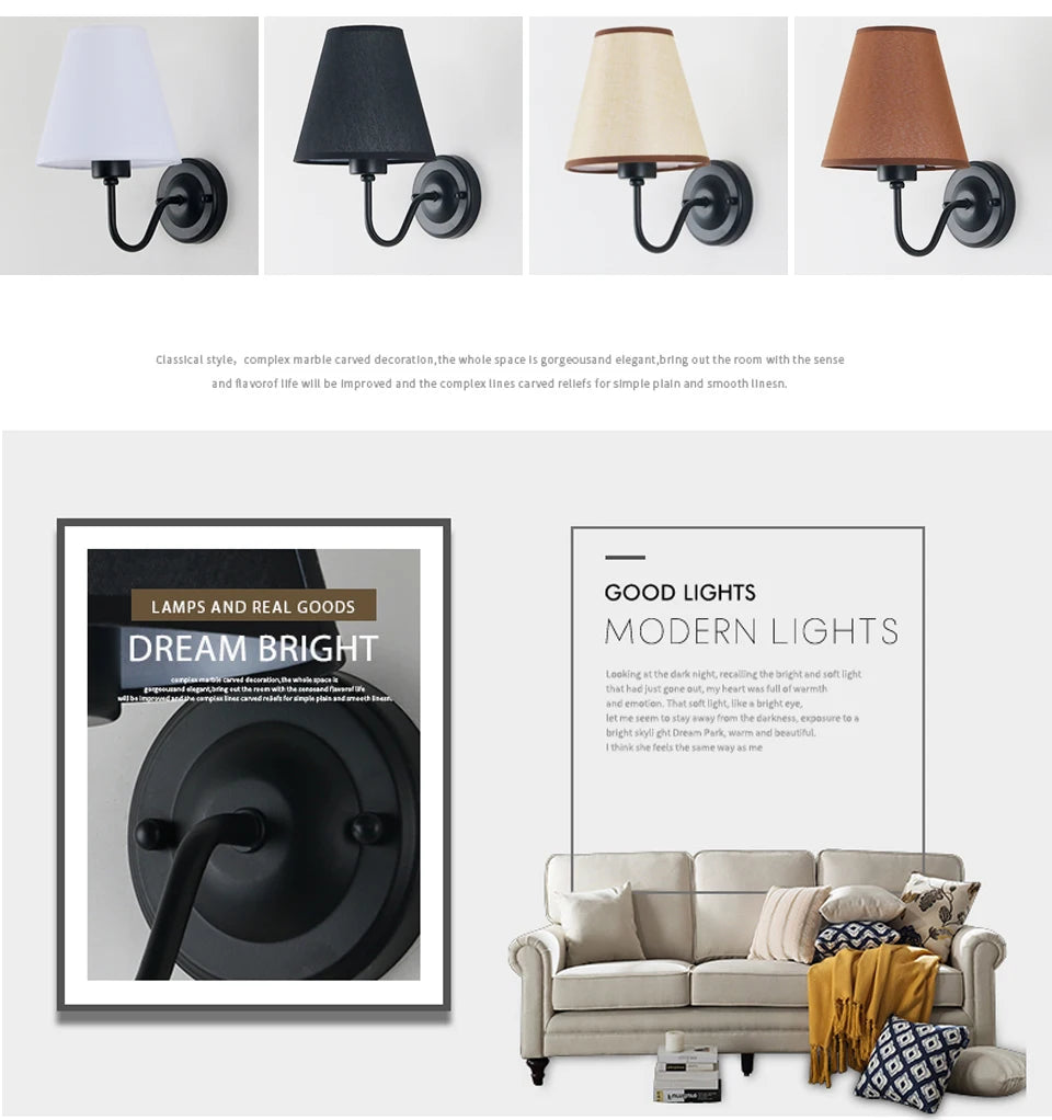 Retro E27 Fabric Wall Lamp – Iron & Cloth, 4 Shade Colors