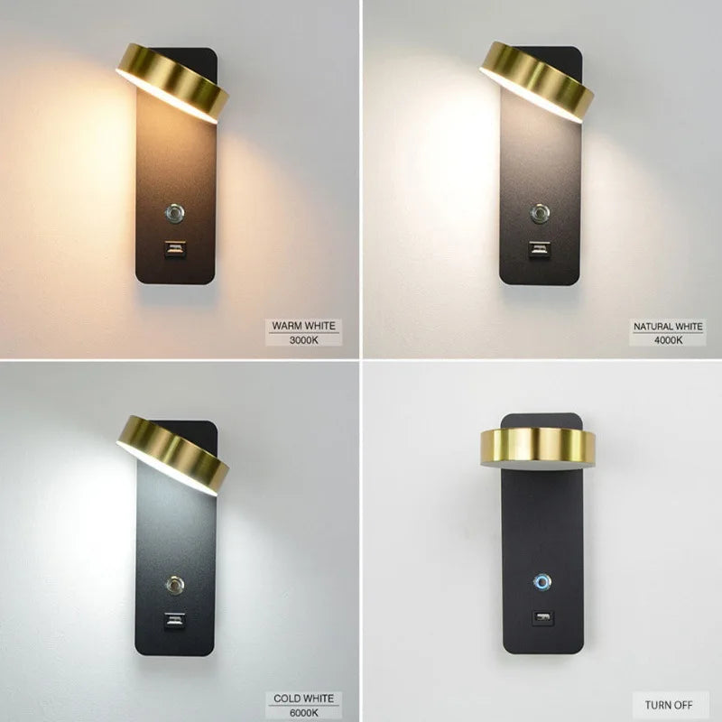 Modern LED Bedside Wall Lamp – Touch Switch, 3 Color Modes, 11W