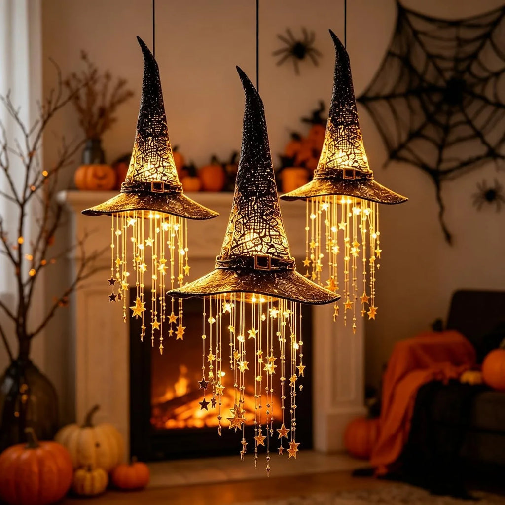 Halloween Light-Up Witch Hat Hanging Decoration with Stars