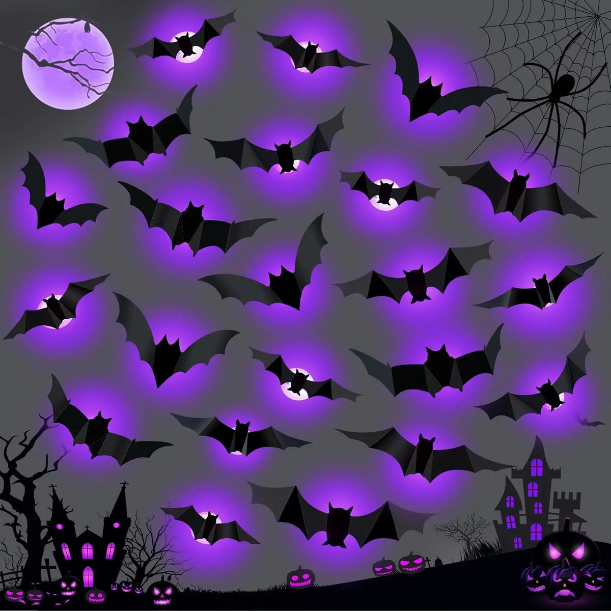 Halloween 3D Bat & Spider LED Wall Stickers
