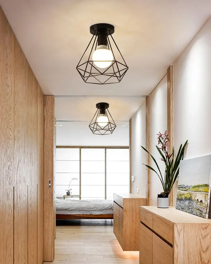 Vintage Industrial E27 Ceiling Lamp — Black Metal Cage | AlohaHome