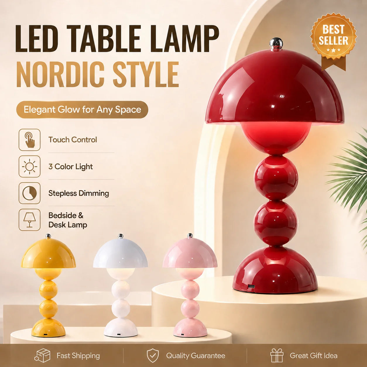 Nordic Touch LED Tischlampe — 3-Farben Stufenloses Dimmen, Akkubetrieben