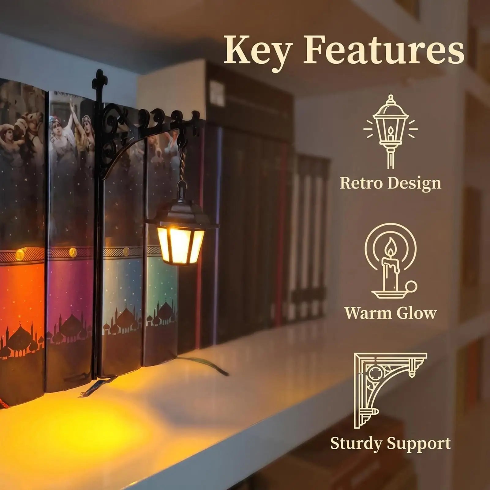Vintage Library Lantern LED Bookshelf Lamp – Warm Light, Book Corner Decor
