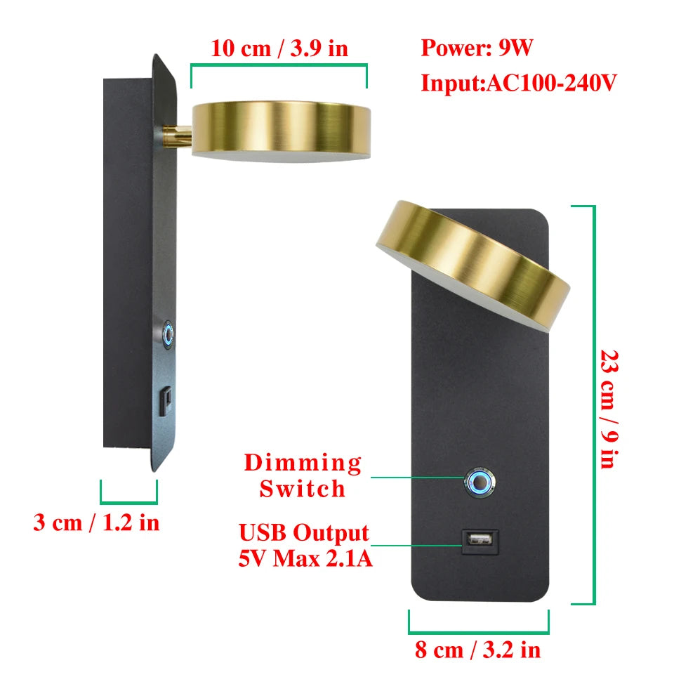 Smart Touch LED Wall Light — 3-Color Dimmable with USB Port