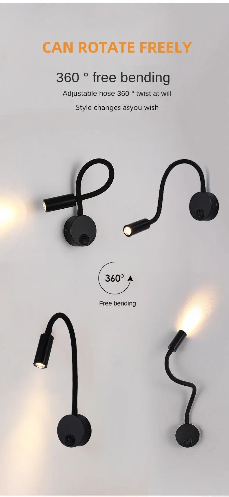 LED Gooseneck Wall Lamp – 360° Rotating Spotlight