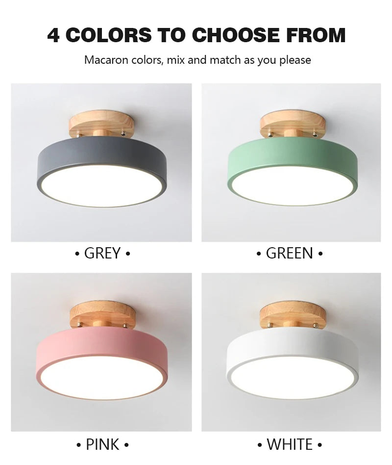 Nordic Macaron LED Ceiling Light – Round Wood & Acrylic, 4 Colors