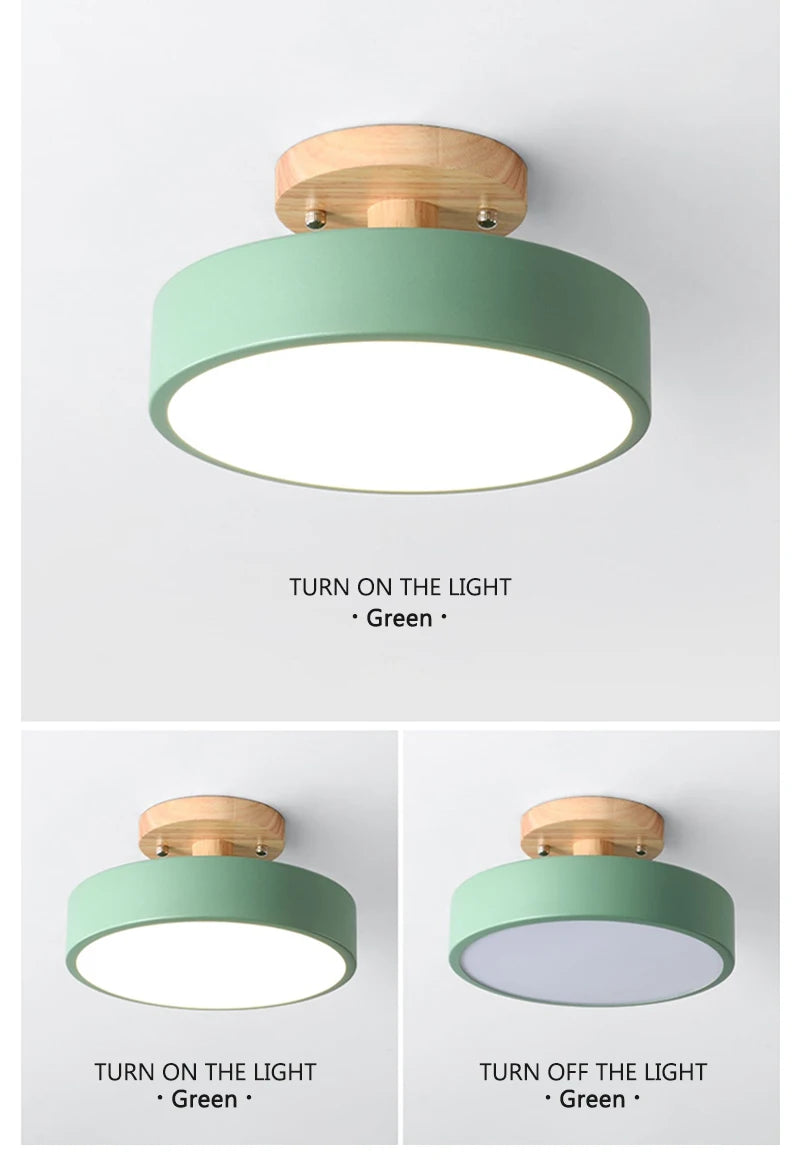 Nordic Macaron LED Ceiling Light – Round Wood & Acrylic, 4 Colors