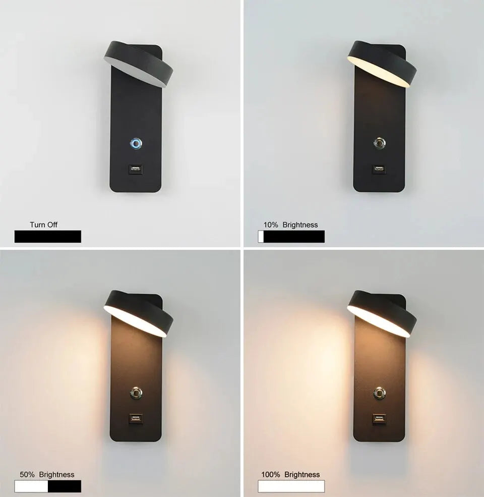 Smart Touch LED Wall Light — 3-Color Dimmable with USB Port