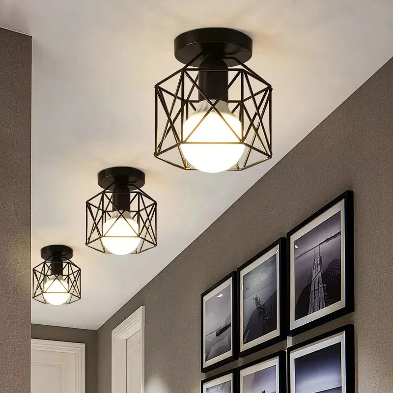 Vintage Industrial E27 Ceiling Lamp — Black Metal Cage | AlohaHome