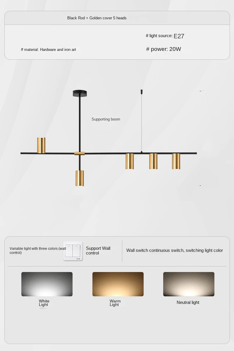 Modern Long Chandelier Pendant Light – Black Gold LED Ceiling Lamp