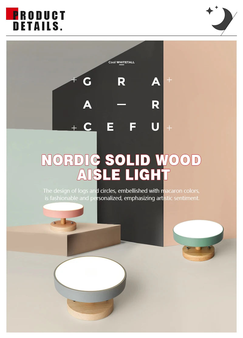 Nordic Macaron LED Ceiling Light – Round Wood & Acrylic, 4 Colors