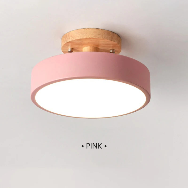 Nordic Macaron LED Ceiling Light – Round Wood & Acrylic, 4 Colors