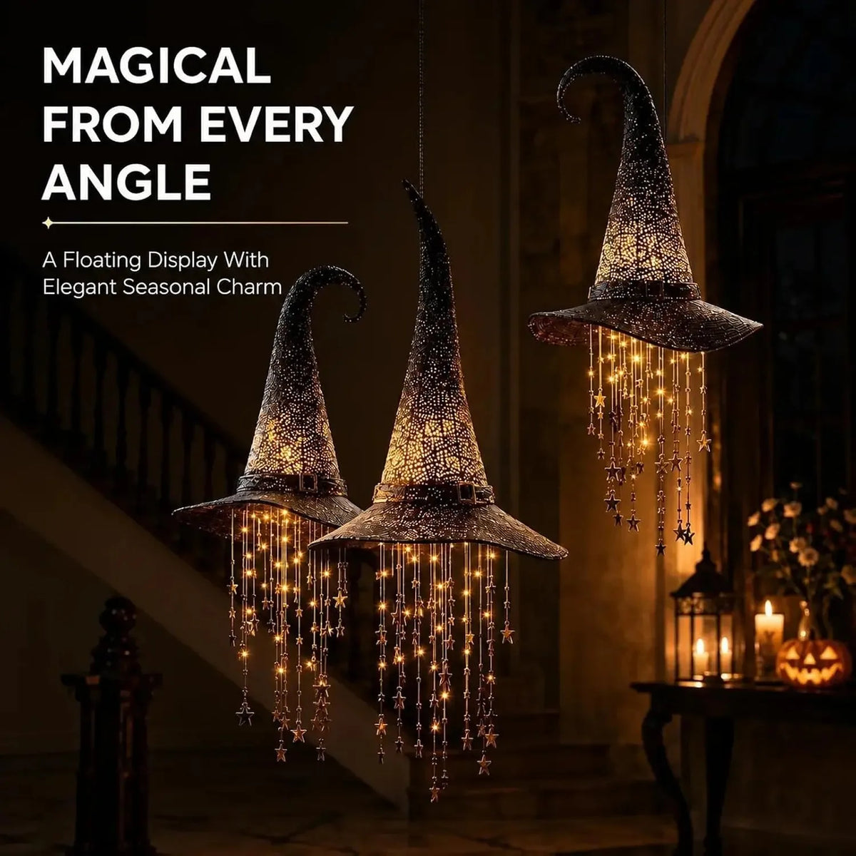 Halloween Light-Up Witch Hat Hanging Decoration with Stars