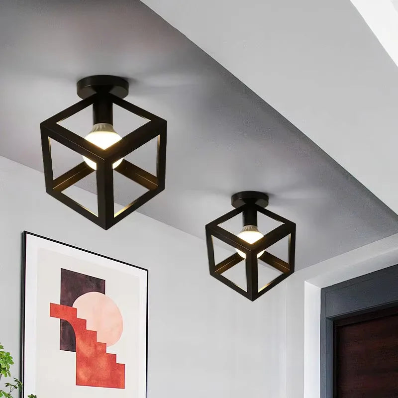 Vintage Industrial E27 Ceiling Lamp — Black Metal Cage | AlohaHome