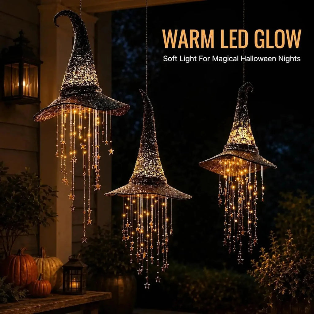 Halloween Light-Up Witch Hat Hanging Decoration with Stars