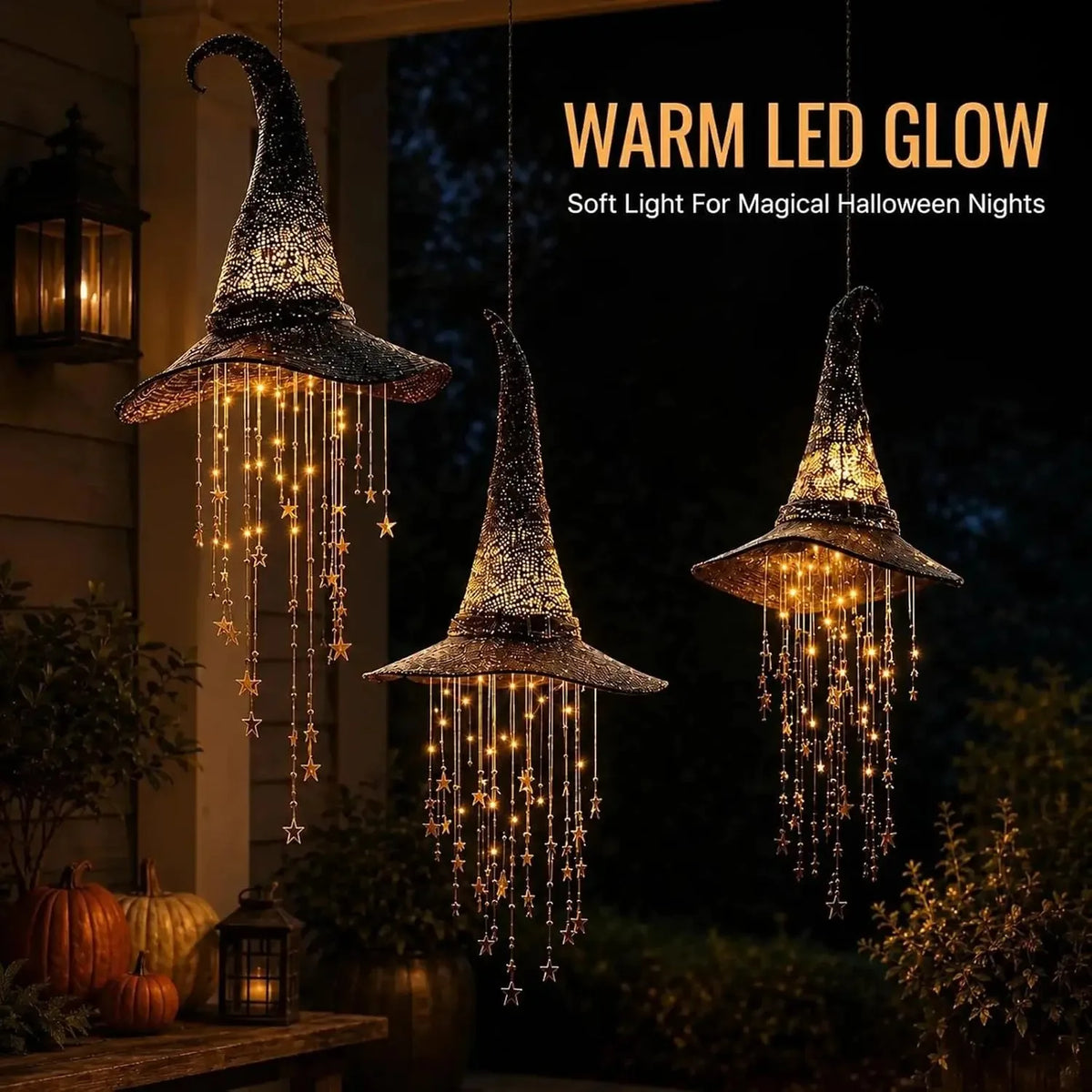 Halloween Light-Up Witch Hat Hanging Decoration with Stars