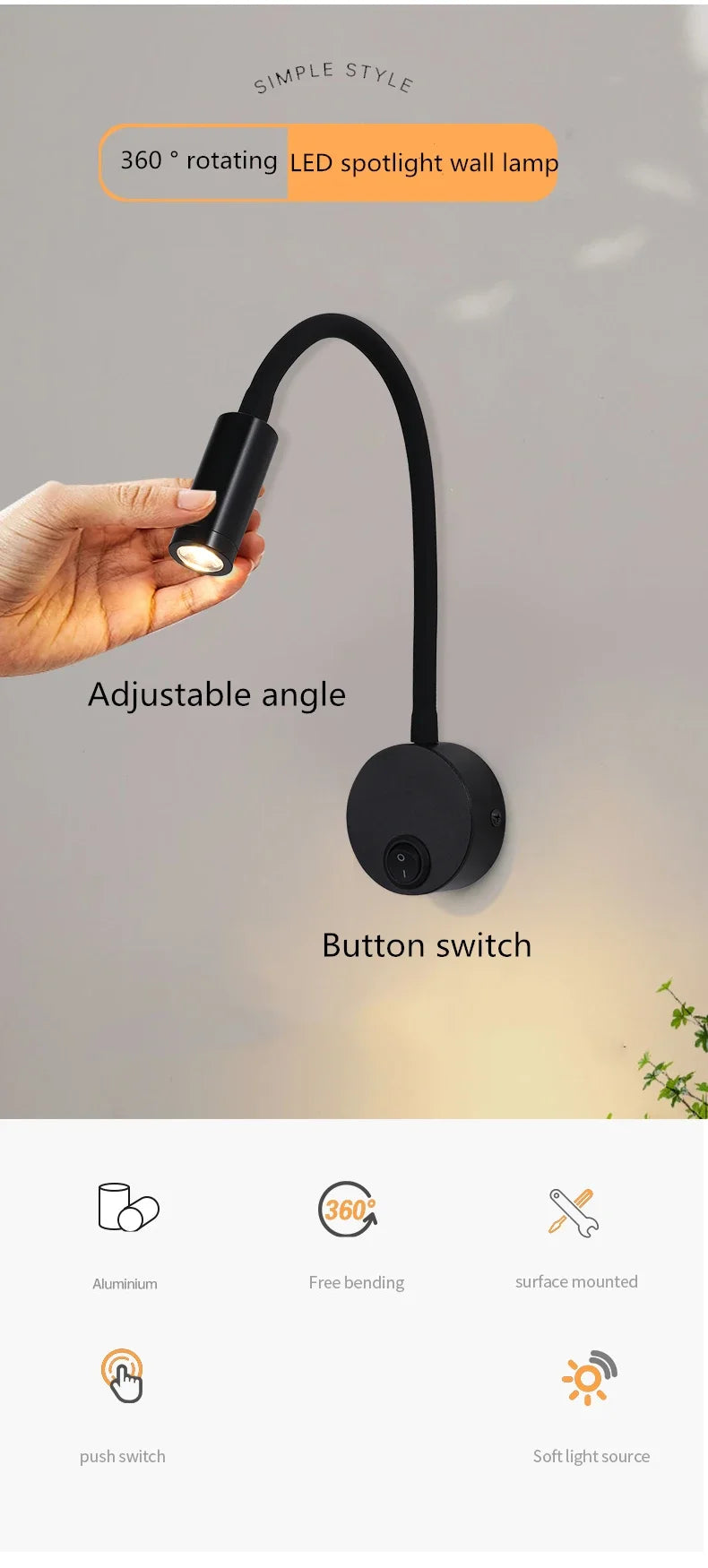 LED Gooseneck Wall Lamp – 360° Rotating Spotlight