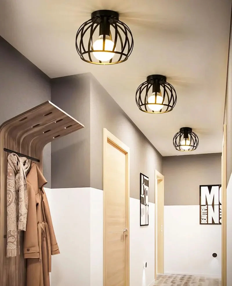 Vintage Industrial E27 Ceiling Lamp — Black Metal Cage | AlohaHome