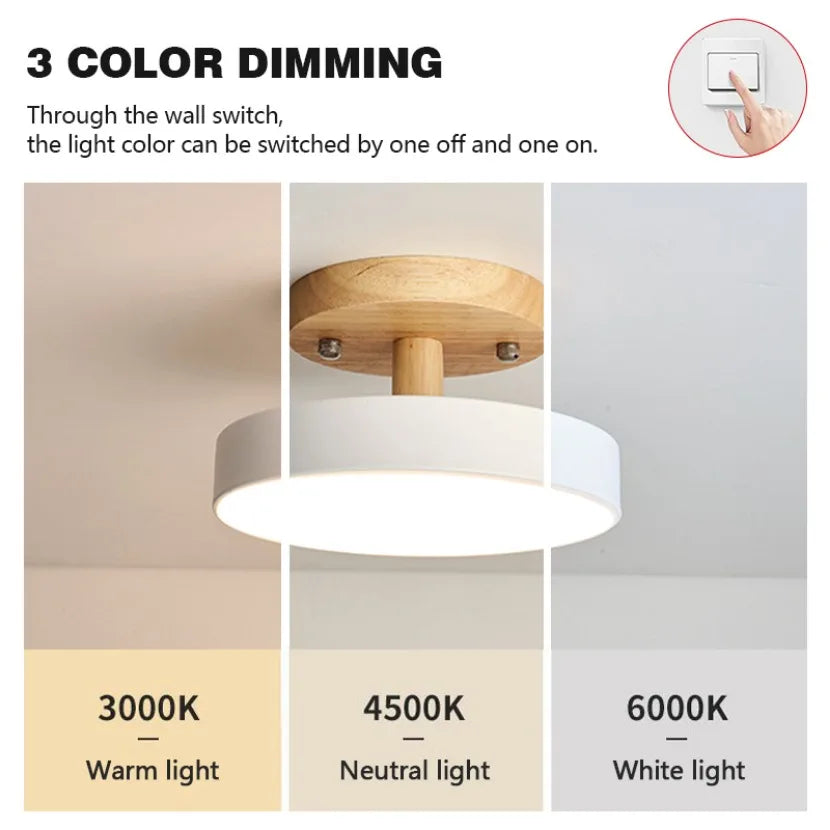 Nordic Macaron LED Ceiling Light – Round Wood & Acrylic, 4 Colors